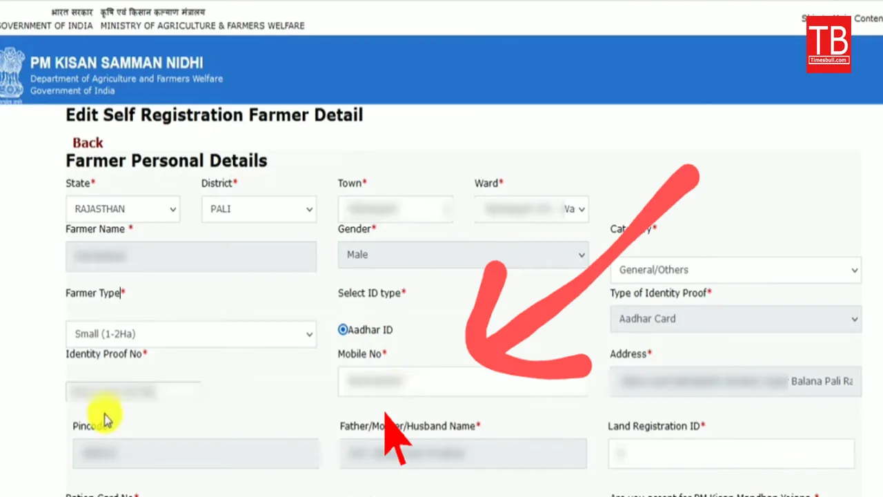 pm kisan website mobile number update